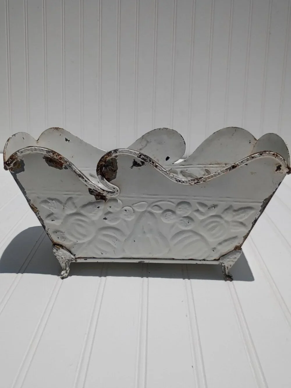 Vintage Metal Planter White Distressed Farmhouse Fruit Embossed Footed Cottage
